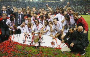 Paolo Maldini Of AC Milan Celebrates With Trophy After Winning The UEFA Champions League Final