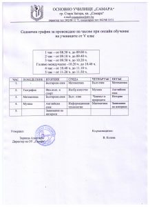 Семичен график за провеждане на часове на учениците от V кл., считано от 09.12.2020 г.
