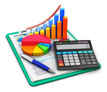 Creative abstract business finance, tax, accounting, banking, statistics and money analytic research concept: office electronic calculator, bar graph and pie diagram and pen on financial reports in clipboard with colorful data isolated on white background